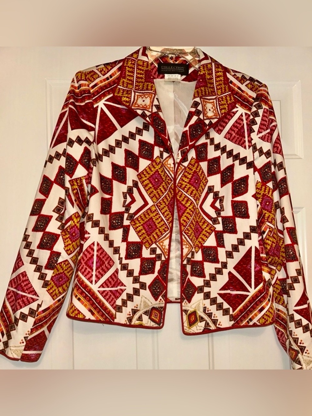 Harve Benard Aztec Blazer 12 Geometric Jacket Open Front Career Patchwork Motif